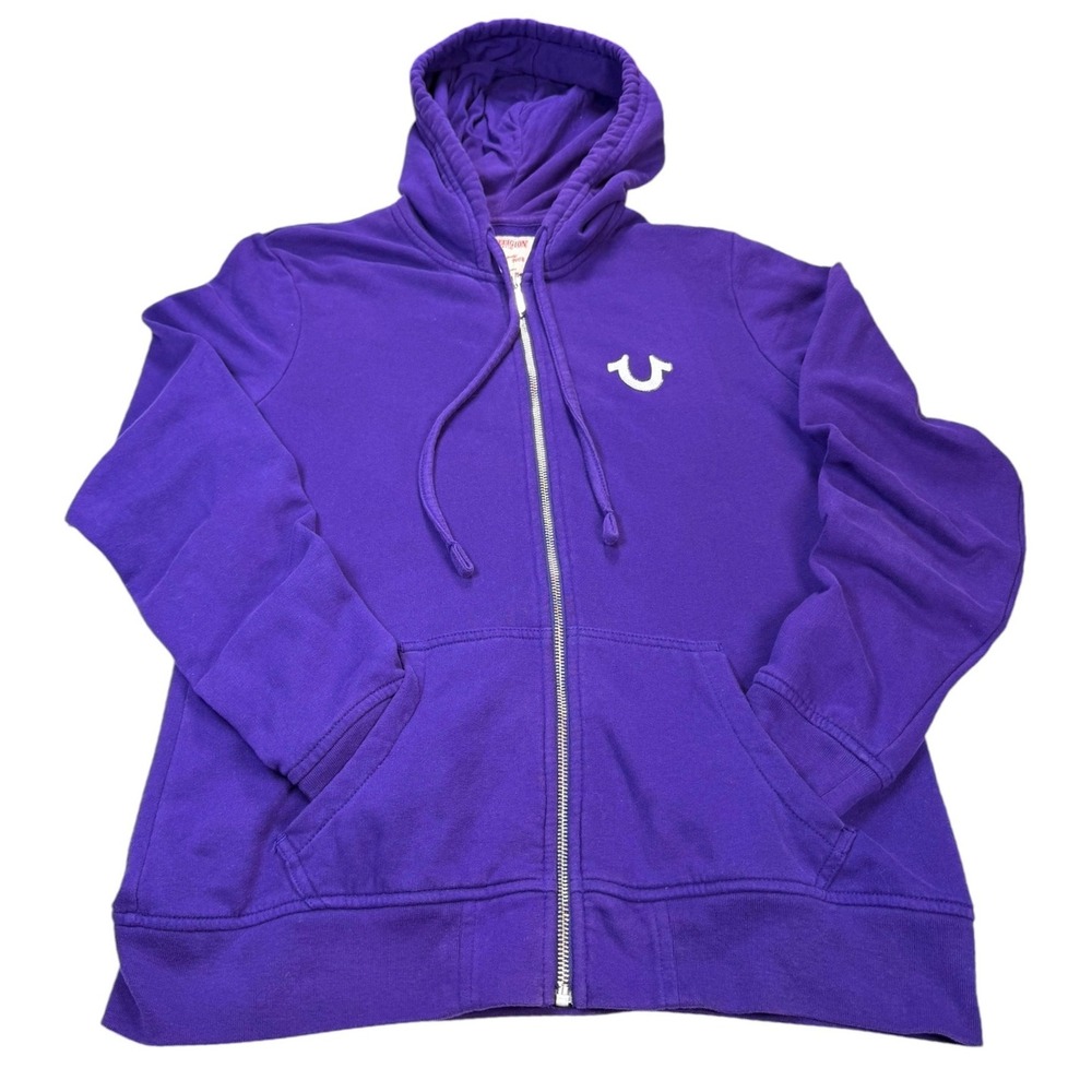 True Religion World Tour Zip Up Hoodie Women L Purple Silver Big Logo Graphic